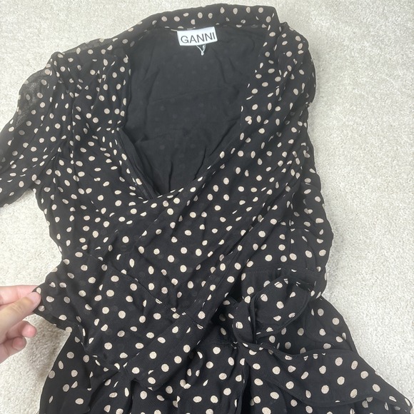 Ganni Georgette Wrap Maxi Dress Women's Size 38 Black White Polka Dot 3/4 Sleeve - Picture 14 of 16